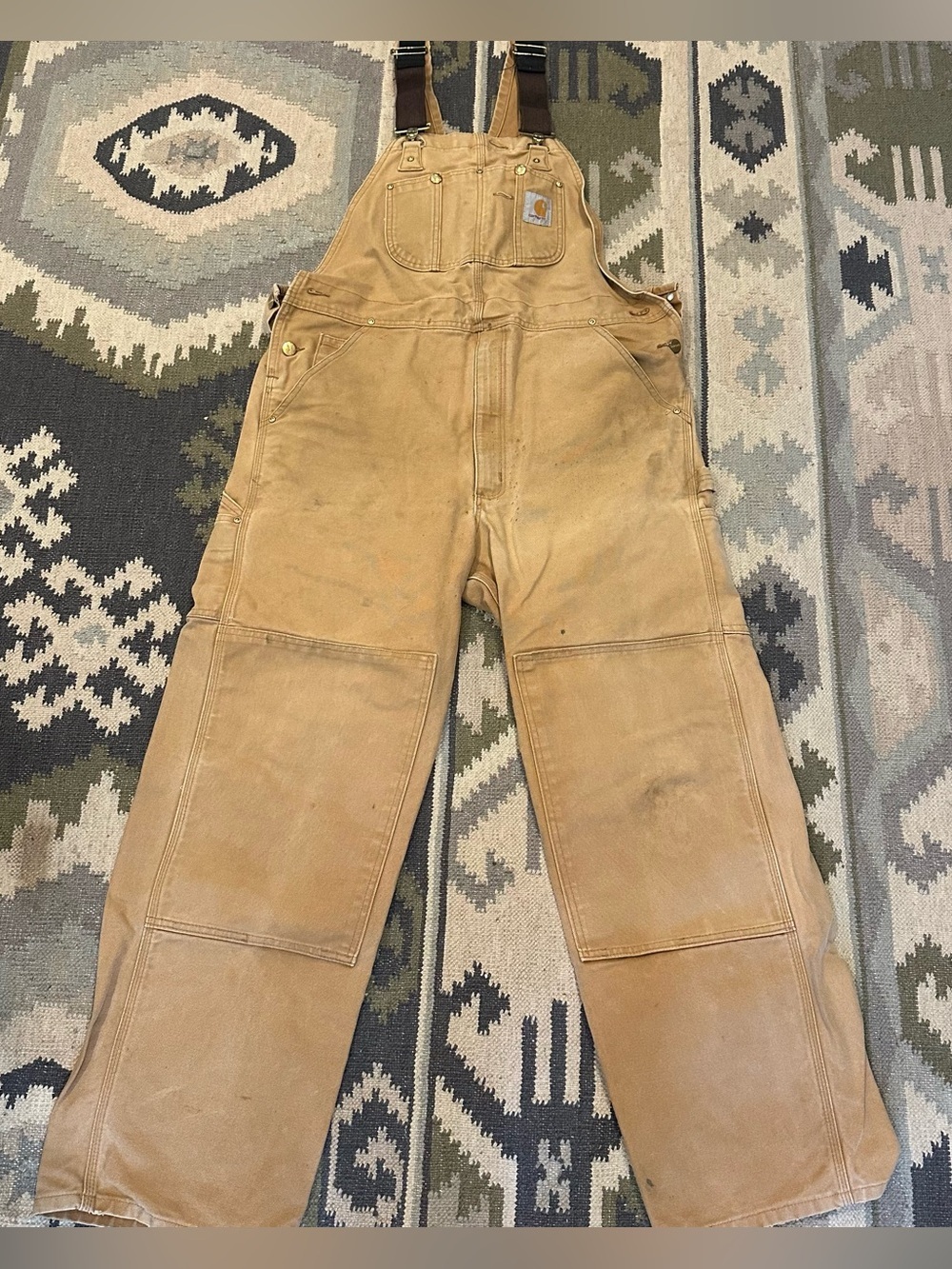 VTG Carhartt R01 Bib Overalls Mens 38 Brown Duck Canvas Double Knee Work